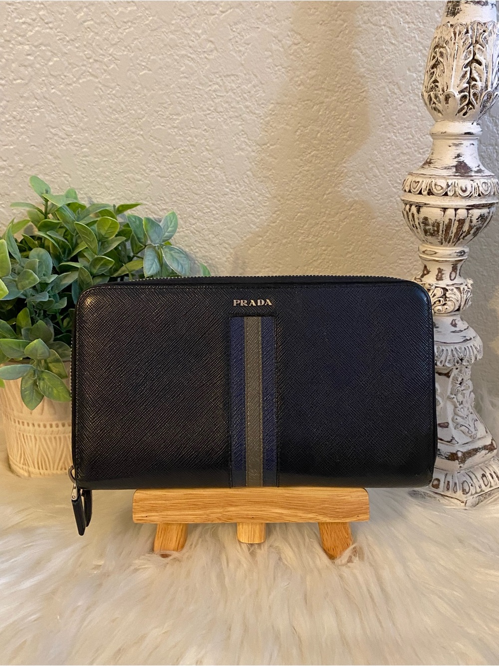 PRADA Unisex Saffiano Double Zip Travel Organizer/ Clutch Wallet with Stripe